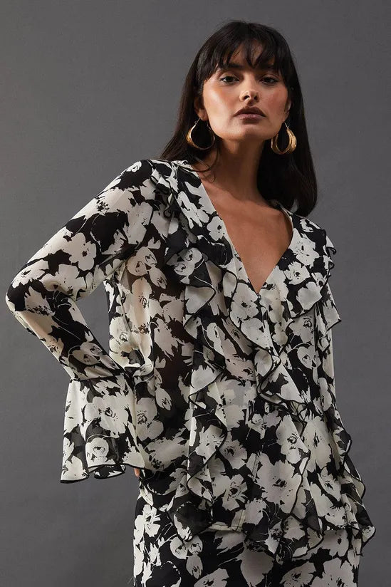 Floral Chiffon Ruffle Front Blouse