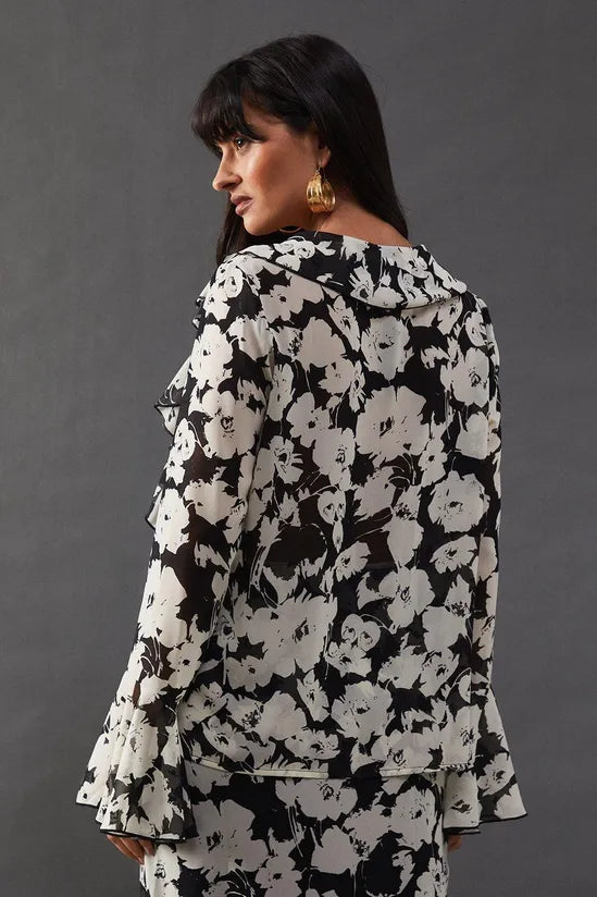 Floral Chiffon Ruffle Front Blouse