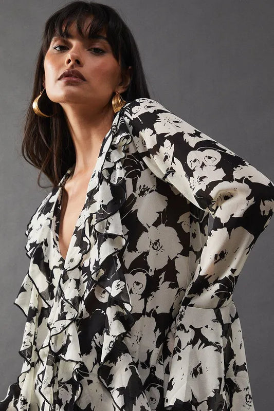 Floral Chiffon Ruffle Front Blouse