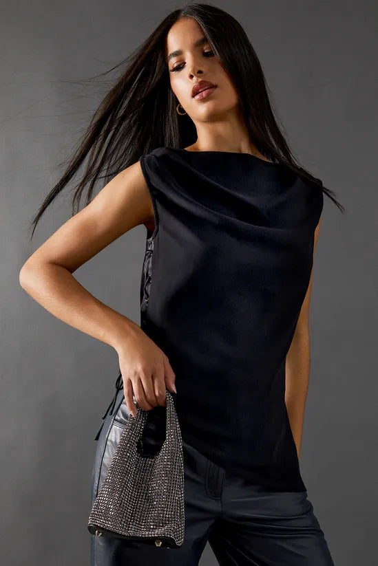 Chiffon Lace Up Detail Slash Neck Top