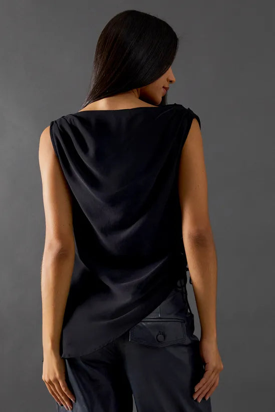 Chiffon Lace Up Detail Slash Neck Top