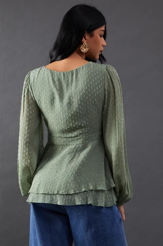 Plunge Neck Dobby Chiffon Double Layer Blouse