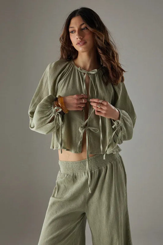Cheesecloth Tie Front Boho Blouse