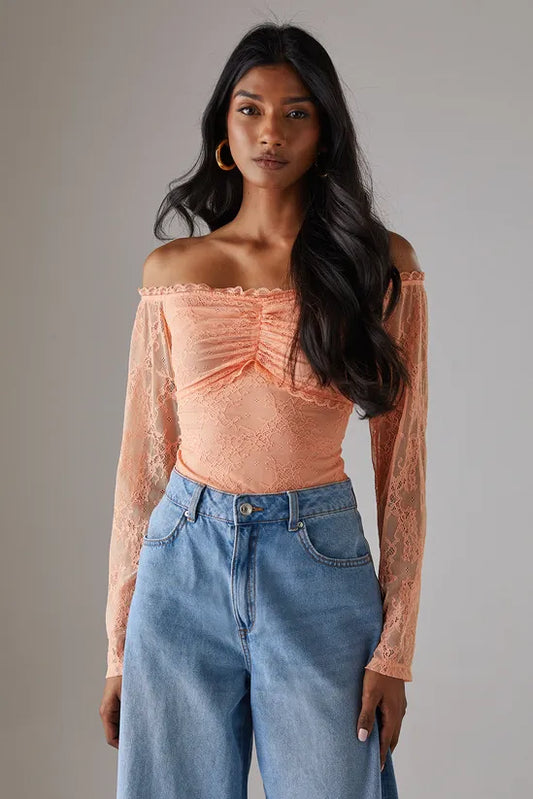 Lace Bardot Bow Detail Bodysuit