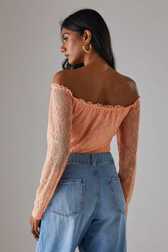 Lace Bardot Bow Detail Bodysuit