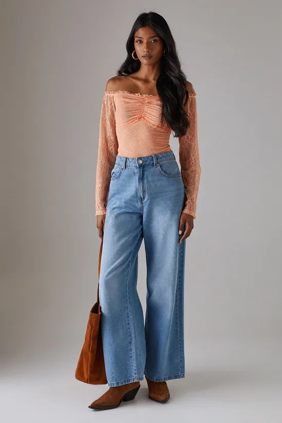 Lace Bardot Bow Detail Bodysuit