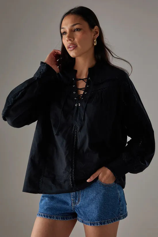 HCD Cotton Lace Trim Insert Boho Blouse